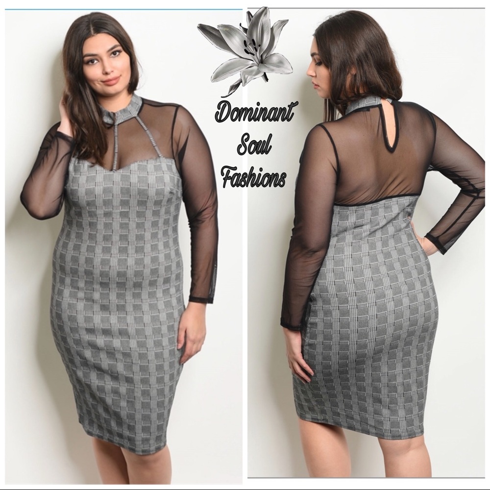 Bandage gray black Plaid Plus Size Dress - Grey